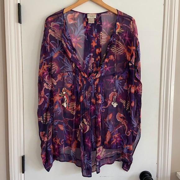 Karen Millen 100% Silk Purple Beaded Seahorse Beach Coverup Blouse Size 4 - Picture 1 of 5